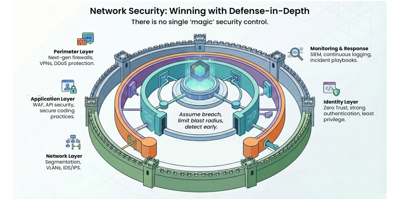 Cyber security audit services team analyzing network layer security threats and vulnerabilities on a digital dashboard.